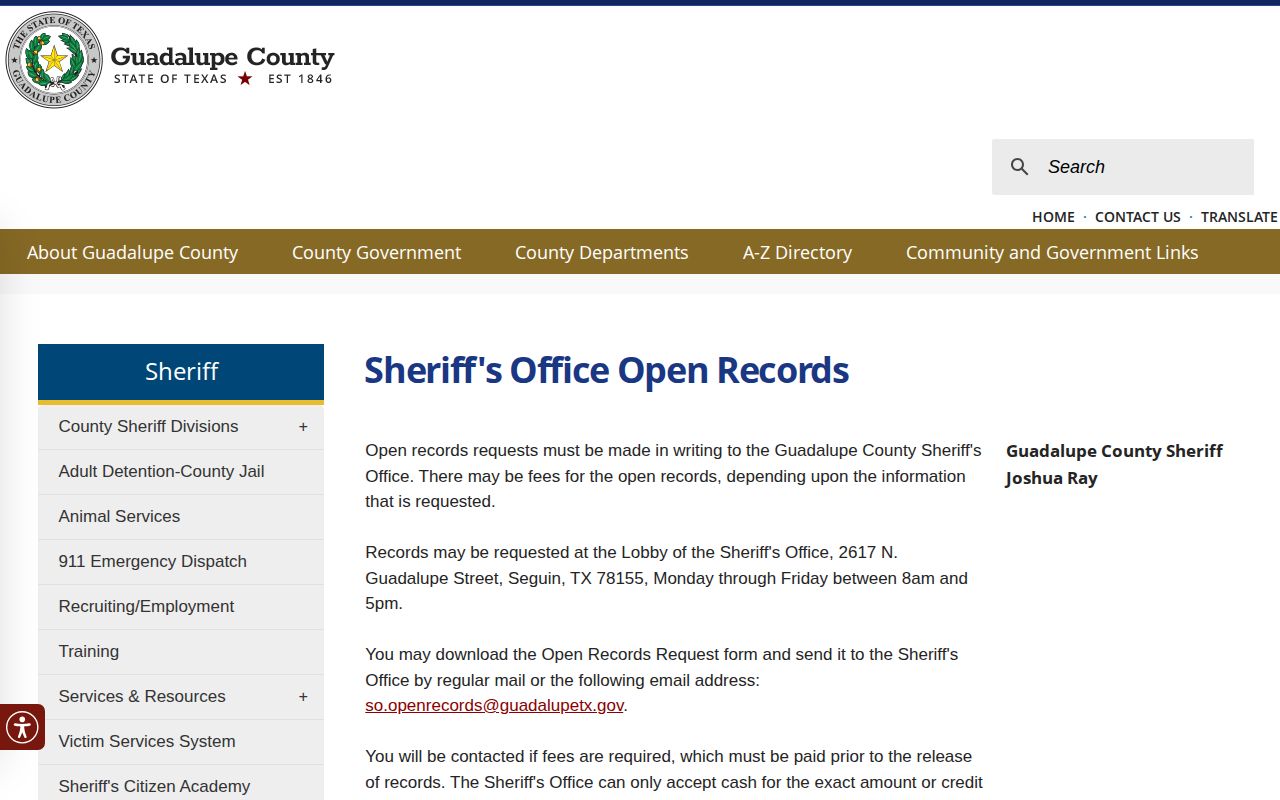 Guadalupe County open-records page for booking and arrest record requests