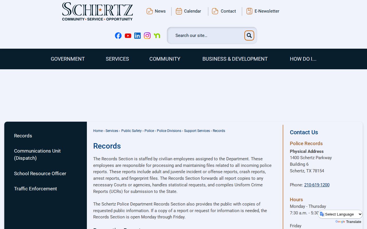 Schertz Police Records page for arrest and incident record requests